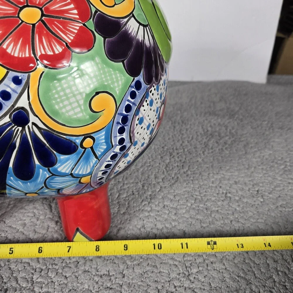 Talavera Piggy Bank Mexican Pottery Art Hand Painted 9.5 x 7.5 X 8 In